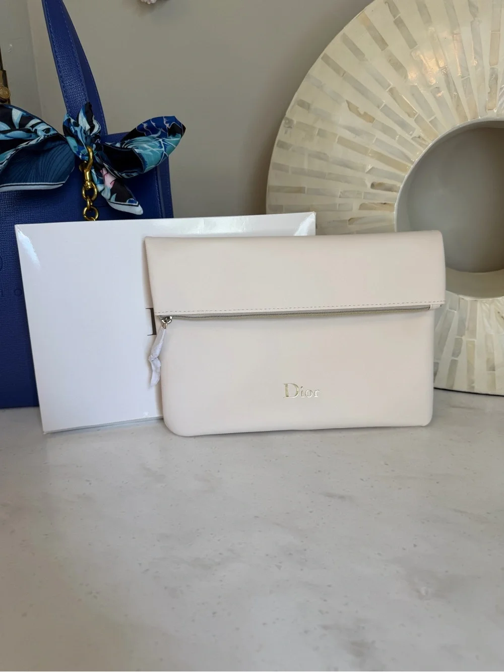 NIB Dior Parfum GWP Cream Fold-Over Clutch Pouch with Gold Logo